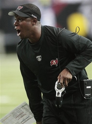 Tampa Bay Buccaneers coach Raheem Morris yells instructions to his team during the fourth quarter of their NFL football game against the Atlanta Falcons at the Georgia Dome in Atlanta, Sunday, Nov. 29, 2009. picture appears courtesy of AP/Photo/ Dave Martin  .......................
