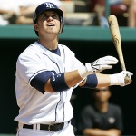 Rays' third baseman , Evan Longoria at the plate for team. photo appears courtesy of Getty Images/ Vic Hallam