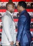 Floyd Mayweather, left, and current WBA welterweight super champion Shane Mosley exchange words during a news conference in New York, Tuesday, March 2, 2010. The press conference was to promote their May 1, 2010 fight in Las Vegas, Nevada. photo appears courtesy of Assoc Press/ Seth Wenig ........