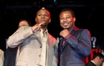 Floyd Mayweather, left, and current WBA welterweight world champion Shane Mosley pose for a picture during a news conference in New York, Tuesday, March 2, 2010. The news conference was to promote their May 1, 2010 fight in Las Vegas, Nevada. photo appears courtesy of Assoc Press /Seth Wenig