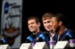Butler head coach Brad Stevens, left to right, Gordon Hayward and Ronald Nored smile during an interview session for the men's NCAA Final Four college basketball championship Sunday, April 4, 2010, in Indianapolis. The Butler Bulldogs will face Mike Krzyzewski's Duke Blue Devils in the championship game Monday night to be played at Lucas Oil Stadium , Indianapolis, Indiana. This in many ways will be very much a "home game" for the small and in-obtrusive college team from Indiana. The furor over over their improbable journey has resonated within the state and across the nation. photo appears courtesy of Associated Press/ Mark J Terrill ...............