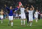 JOHANNESBURG, SOUTH AFRICA - JUNE 24: (L-R) Robert Vittek, Martin Skrtel and Radoslav Zabavnik of Slovakia celebrate victory after knocking Italy out of the competition during the 2010 FIFA World Cup South Africa Group F match between Slovakia and Italy at Ellis Park Stadium on June 24, 2010 in Johannesburg, South Africa. Photo by David Cannon/Getty Images ......