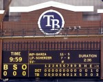 St. Petersburg - July 26th 2010: The scoreboard after the game between the Tampa Bay Rays of the Detroit Tigers where Matt Garza #22 threw a no hitter at Tropicana Field on July 26, 2010 in St. Petersburg, Florida. Tampa Bay beat Detroit 5-0. Photo by J. Meric /Getty Images ......