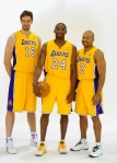 Kobe Bryant (24), Pau Gasol (16) and Derek Fisher (2) of the Los Angeles Lakers pose for a photograph during Media Day at the Toyota Center on September 25, 2010 in El Segundo, California. Photo by Kevork Djansezian/Getty Images